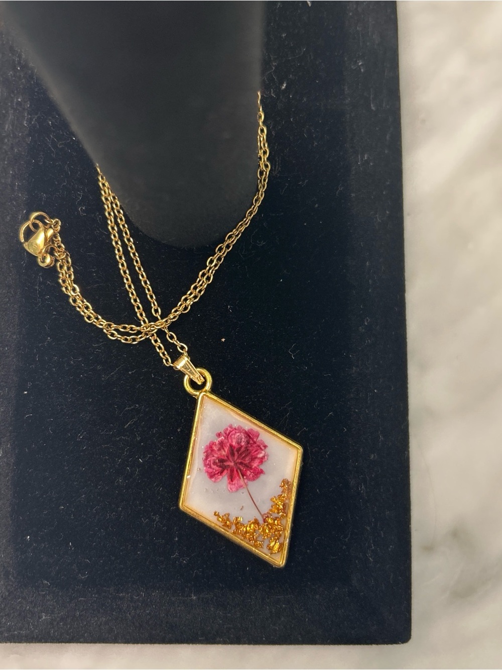 Handmade, brand new. Gold Pendant Necklace with Pink Floral Accent
